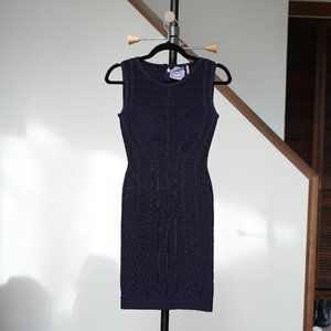 Herve Leger High Neck Bandage Bodycon Cocktail Midi Dress in Navy